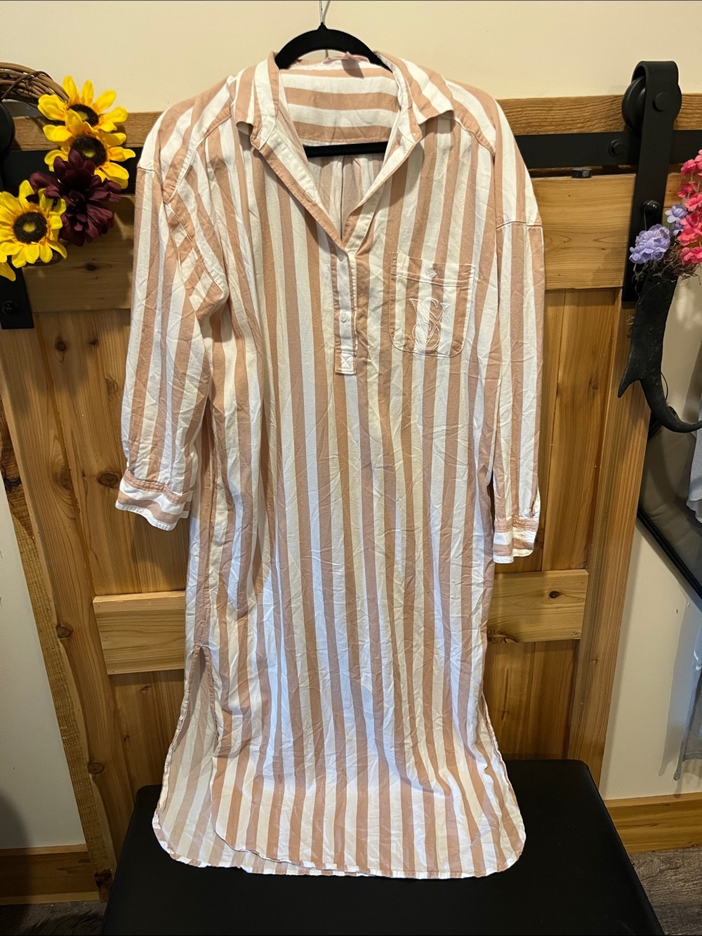 Victoria's Secret Striped Cotton Nightshirt in Tan and White